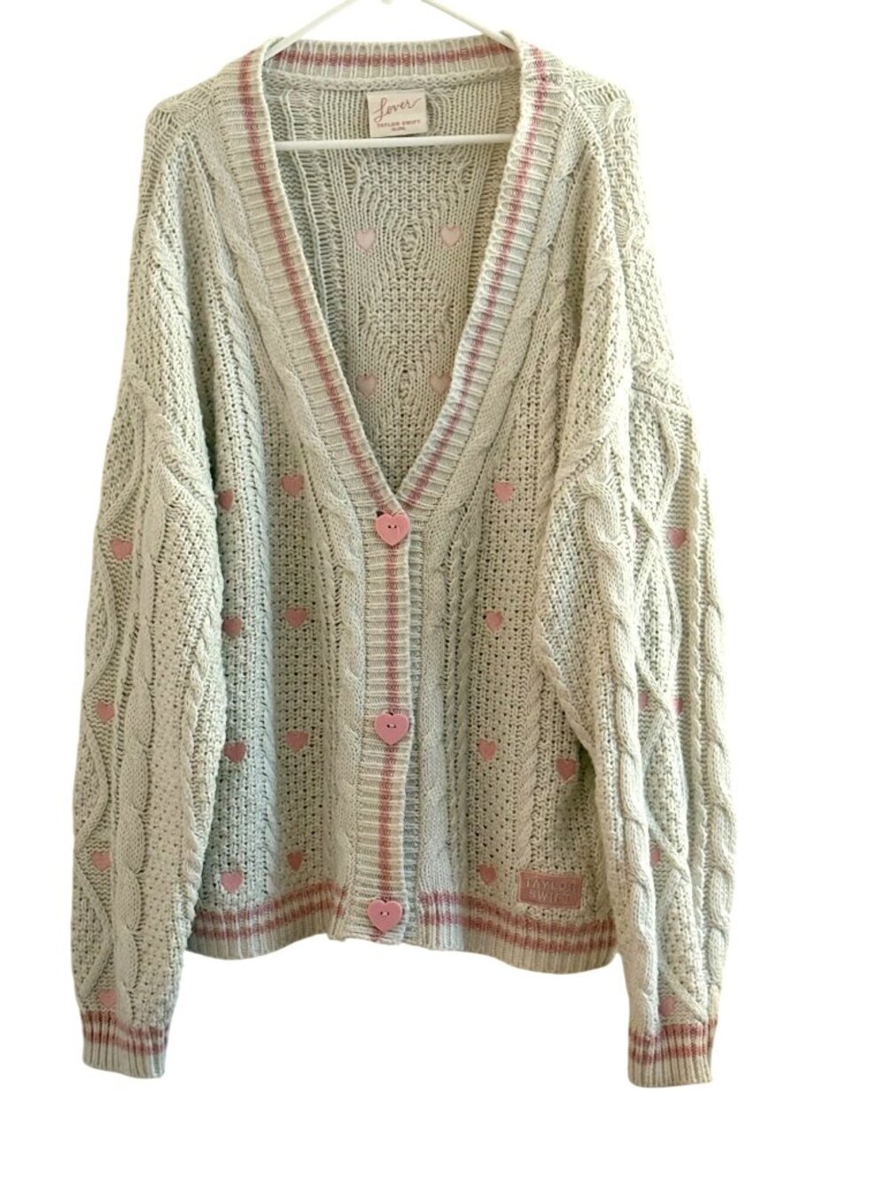 Taylor Swift Lover Knit Cardigan XL/2XL Cream & Pink Hearts Button Front